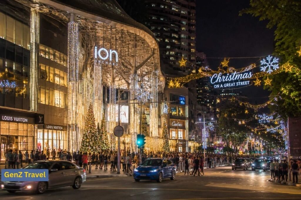 Orchard Road in Singapore decorated with Christmas lights and festive trees at night