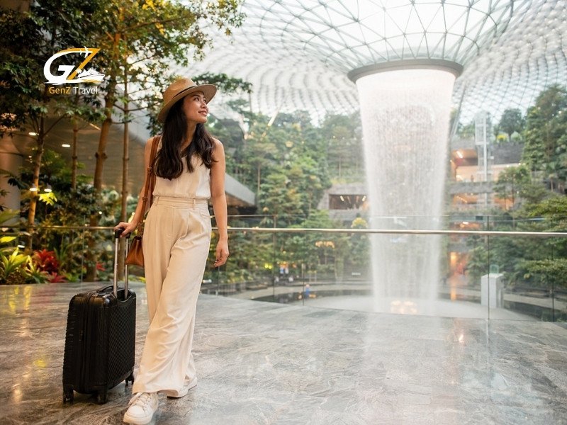Female traveller with suitcase inside Jewel Changi Airport Singapore beside the indoor Rain Vortex waterfall
