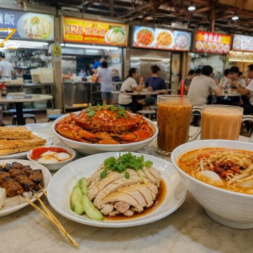 Traditional Singapore hawker centre meal with Hainanese chicken rice, chilli crab, satay, laksa and local drinks