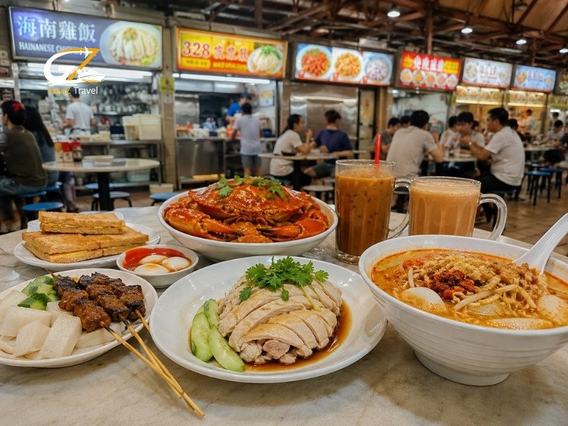 Traditional Singapore hawker centre meal with Hainanese chicken rice, chilli crab, satay, laksa and local drinks