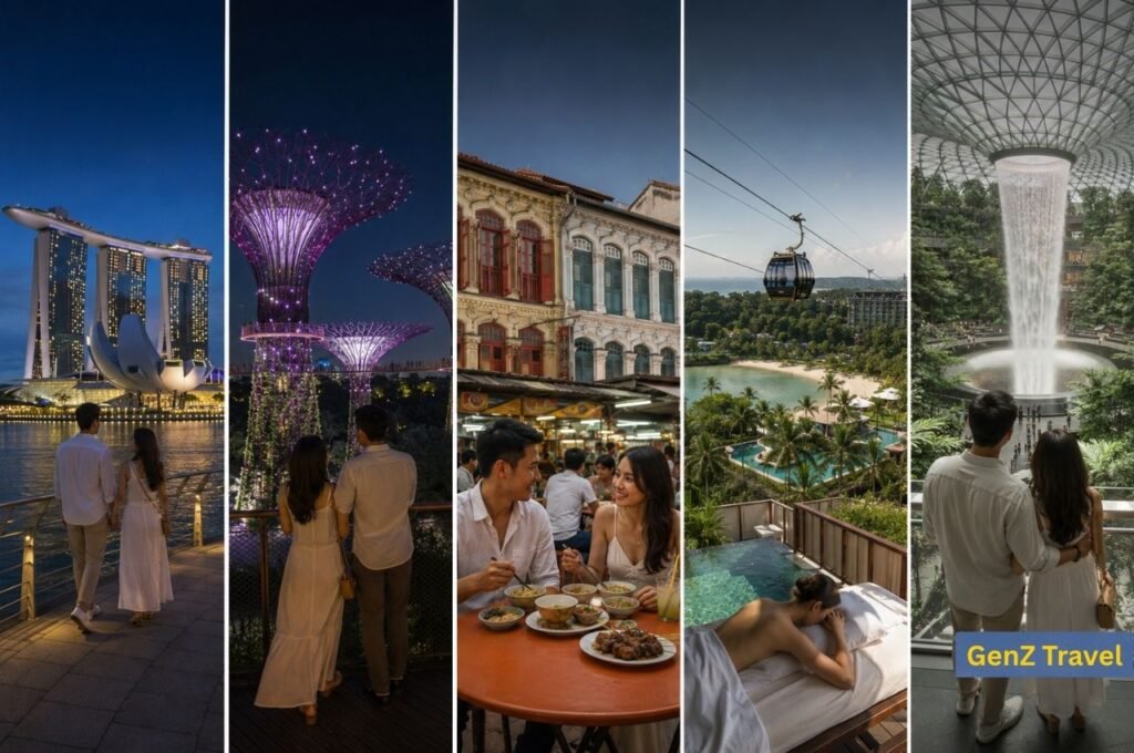 Five-day Singapore honeymoon itinerary featuring Marina Bay, Gardens by the Bay, Chinatown, Sentosa and Jewel Changi.