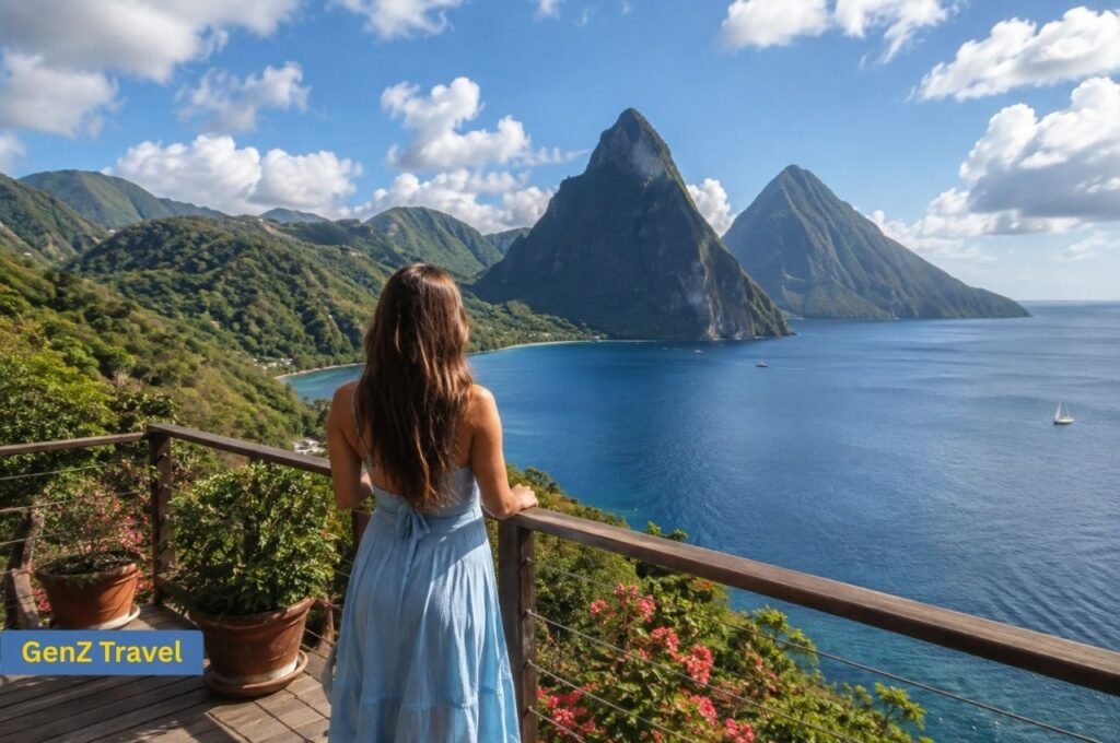 Traveller overlooking the Pitons and Caribbean Sea in St Lucia