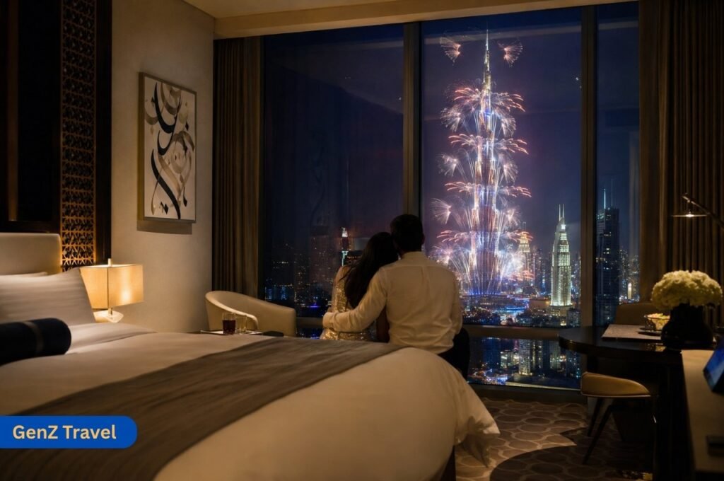 Couple watching Burj Khalifa New Year fireworks from a luxury Dubai hotel room
