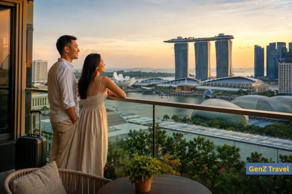 Couple overlooking Marina Bay Sands from their Singapore hotel balcony at sunset.
