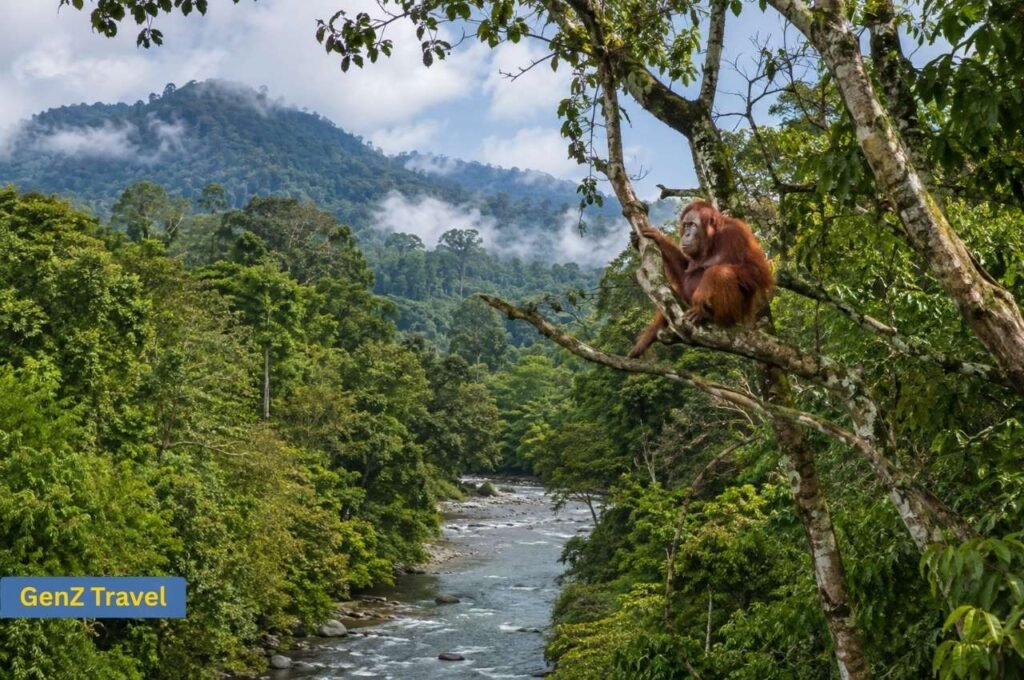 Orangutan in the rainforest above a river in Sumatra Indonesia