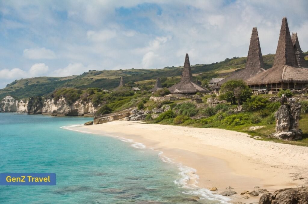 Quiet beach and traditional thatched-roof village on Sumba Island Indonesia