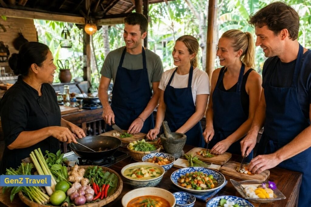 Travellers taking a traditional Thai cooking class with a local chef, fresh herbs, vegetables and Thai dishes