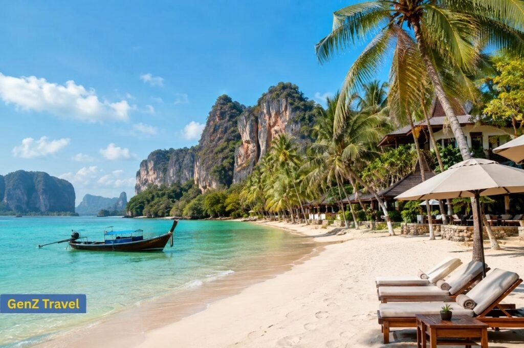 Tropical Thailand beach resort with turquoise water, a longtail boat, palm trees and limestone cliffs