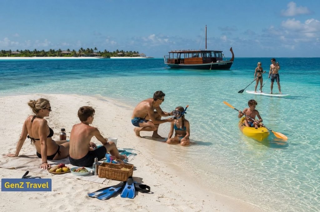 Families enjoying snorkelling, kayaking, paddleboarding and a beach picnic during a Maldives Christmas holiday