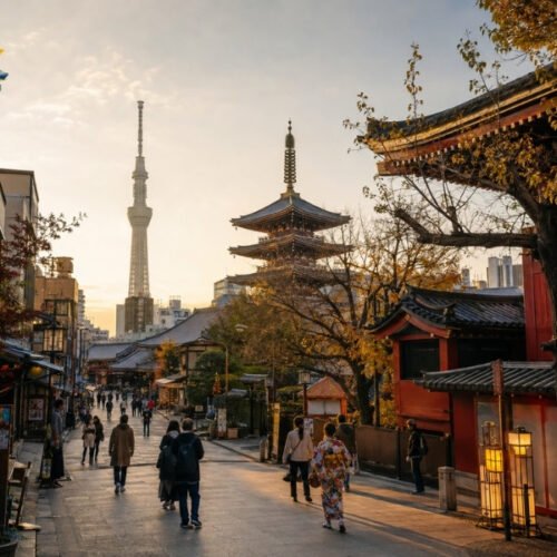 Traditional Asakusa district in Tokyo with Senso-ji pagoda, Tokyo Skytree and visitors walking through the historic streets