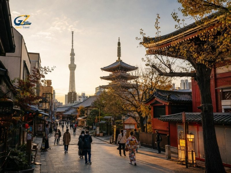 Traditional Asakusa district in Tokyo with Senso-ji pagoda, Tokyo Skytree and visitors walking through the historic streets