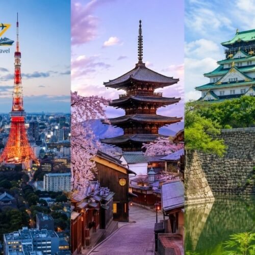 Tokyo Tower, traditional Kyoto pagoda and Osaka Castle representing a Japan Golden Route holiday