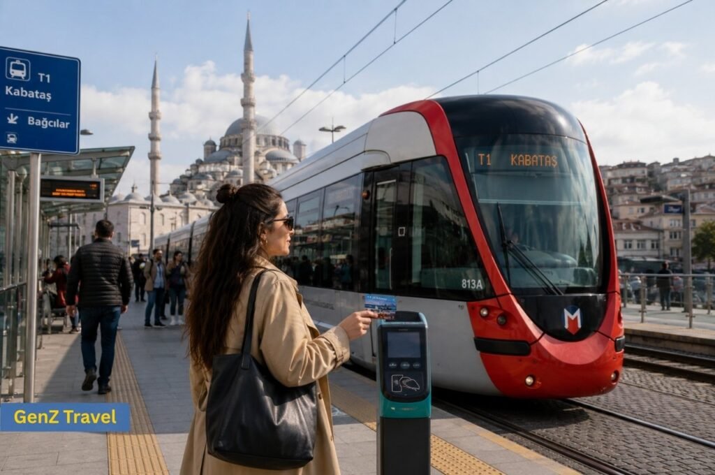 Traveller using public transport beside a tram in Istanbul Turkey