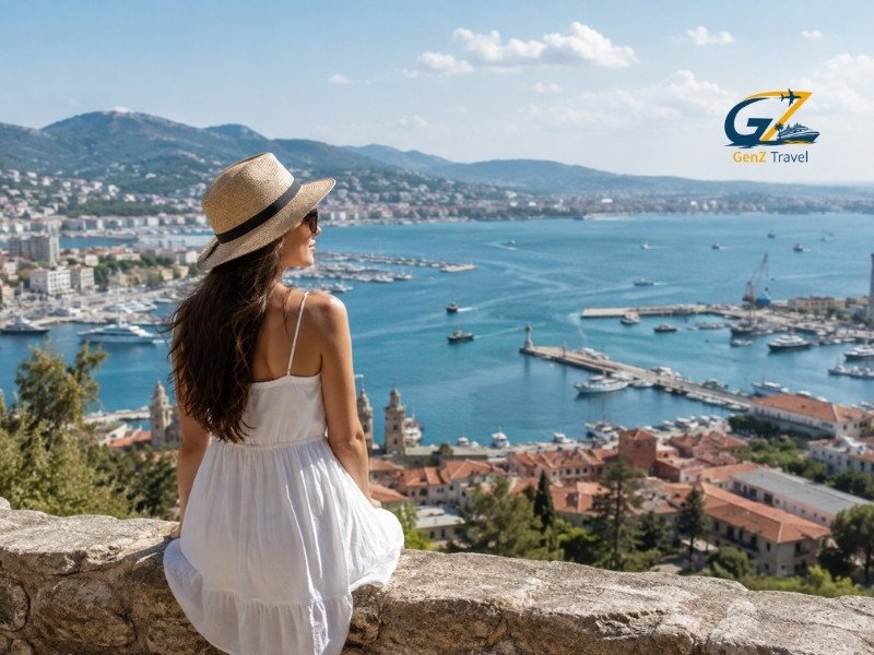 Female traveller overlooking a Turkish coastal city while planning her Turkey trip cost.