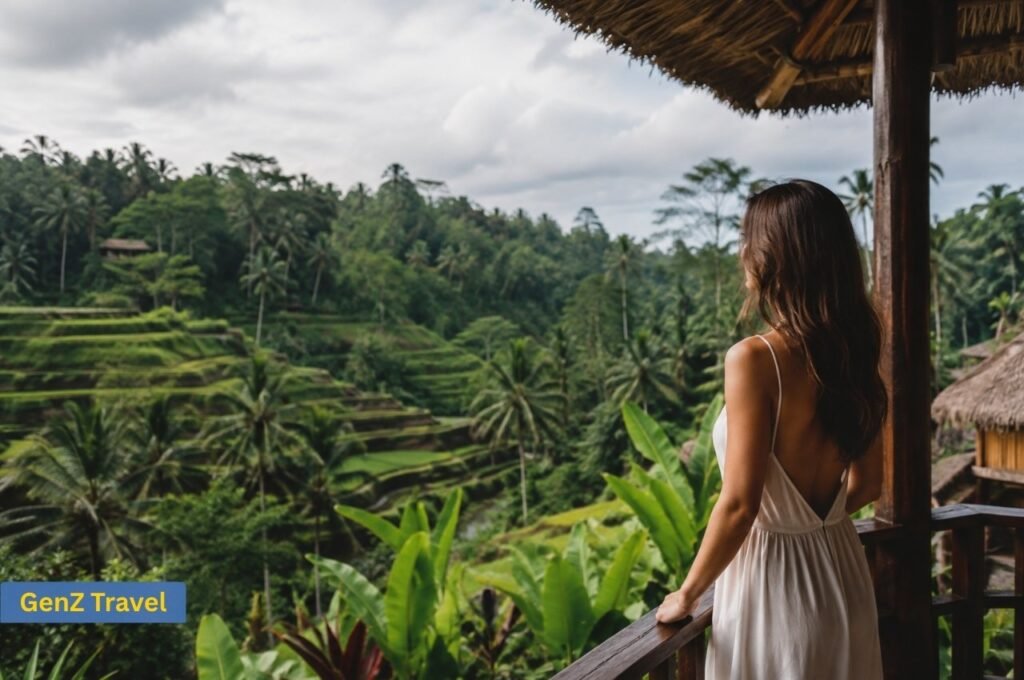 Woman overlooking lush Ubud rice terraces and tropical jungle in Bali