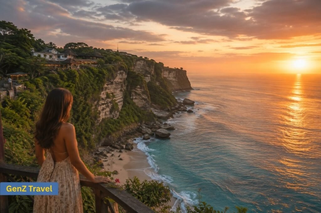 Woman overlooking Uluwatu’s dramatic cliffs and ocean at sunset in Bali