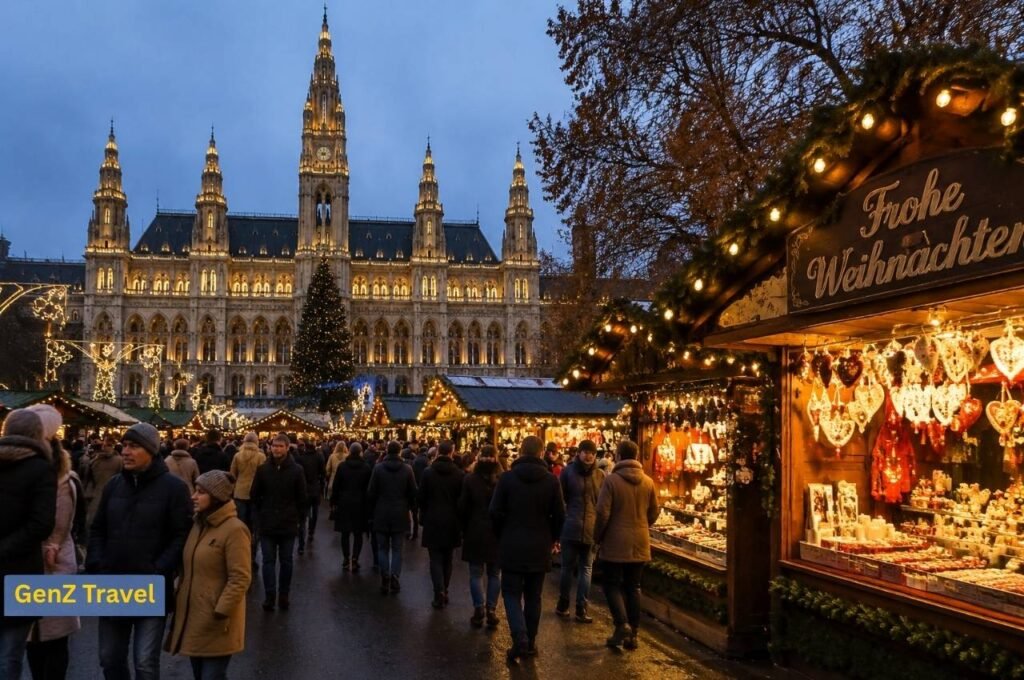 Vienna Christmas market outside City Hall with festive stalls, lights and winter crowds