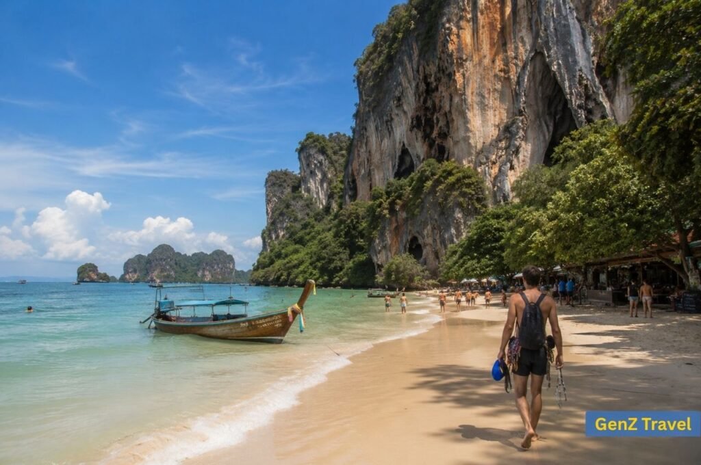 Railay Beach with limestone cliffs, turquoise water and a rock climber in Krabi Thailand