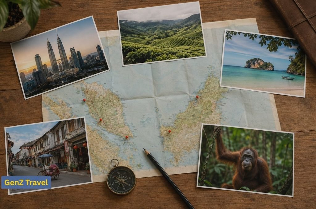 Malaysia travel collage featuring Kuala Lumpur, Cameron Highlands, tropical beaches, Malacca and a Bornean orangutan.