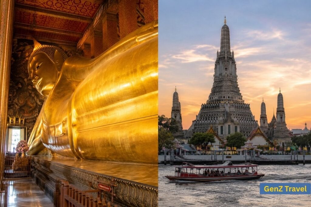 Wat Arun across the Chao Phraya River at sunset with a traveller in Bangkok