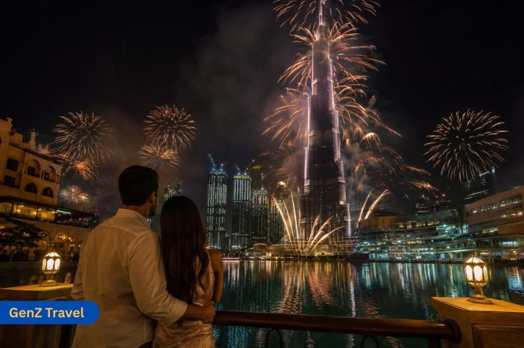 Couple watching New Year fireworks around Burj Khalifa in Downtown Dubai