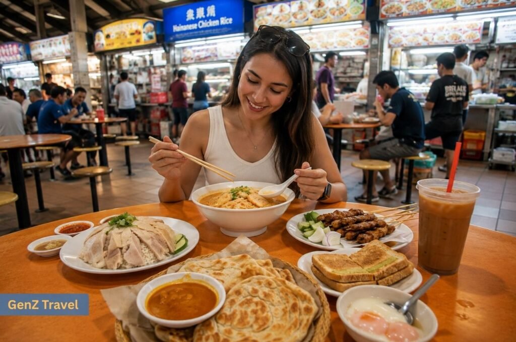 Tourist enjoying popular Singapore hawker centre dishes, including chicken rice, laksa, satay, roti prata and kaya toast.