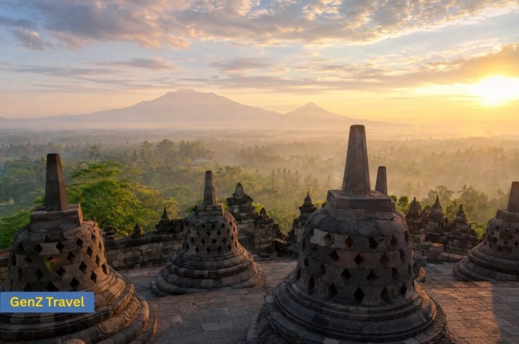 Borobudur Temple stupas overlooking misty mountains at sunrise in Central Java