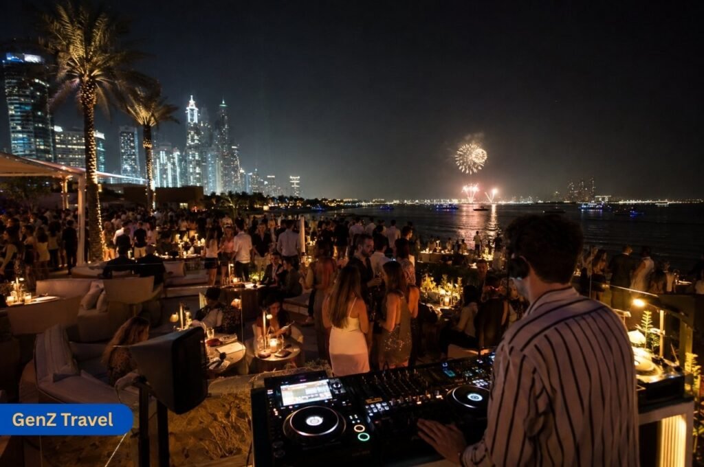 DJ performing at a Dubai beach club during a New Year’s Eve celebration