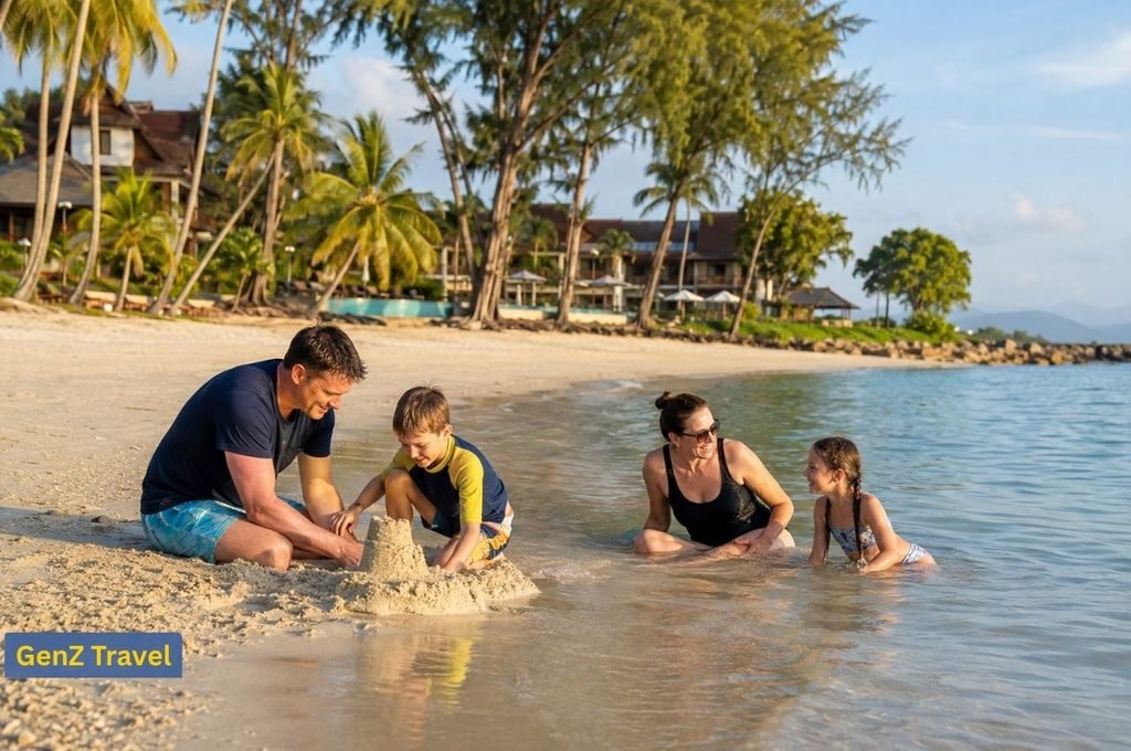 Family enjoying a beach holiday at a child-friendly resort in Langkawi, Malaysia