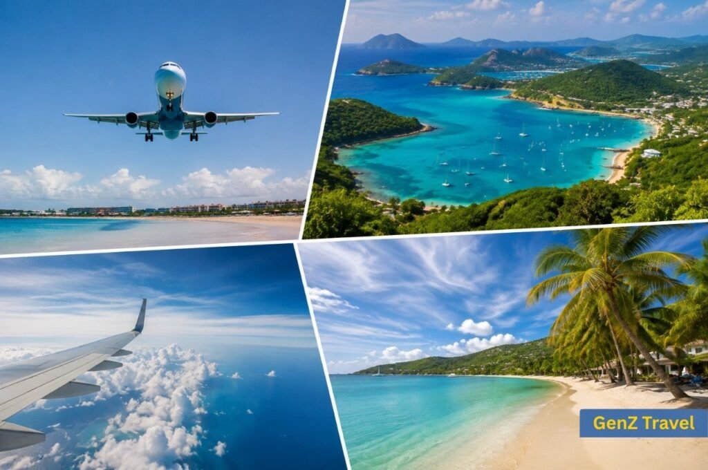 Nearest Caribbean island to UK travel collage with flights, beaches and tropical islands