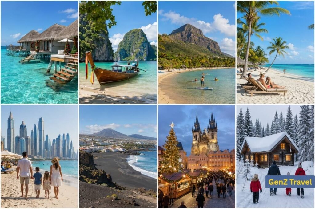 Christmas holiday destinations collage featuring Maldives, Thailand, Mauritius, Dubai, Prague, Tenerife and Lapland