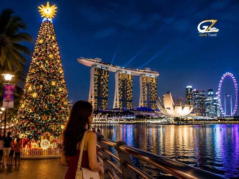Christmas in Singapore with a festive tree, Marina Bay skyline and waterfront lights at night