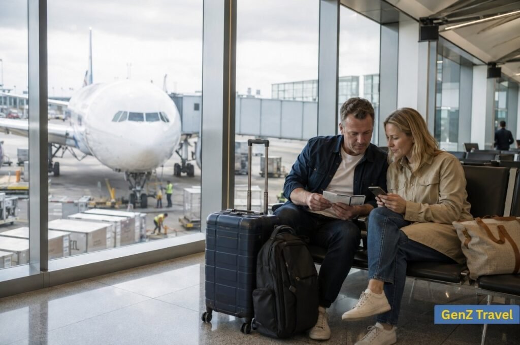 UK couple checking travel documents while waiting for their flight to Vietnam
