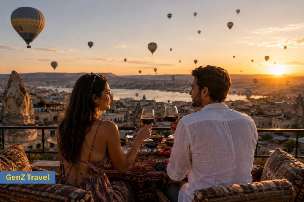 Couple enjoying a sunset dinner in Cappadocia during a Turkey holiday