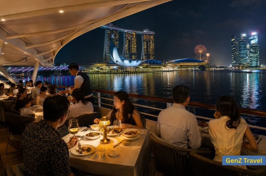 Guests enjoying a Singapore New Year dinner cruise overlooking Marina Bay