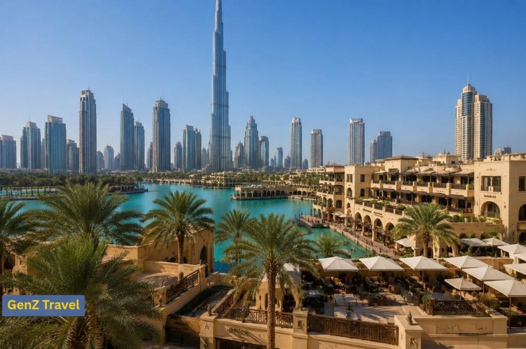 Dubai skyline with Burj Khalifa, turquoise lake, palm trees and traditional architecture