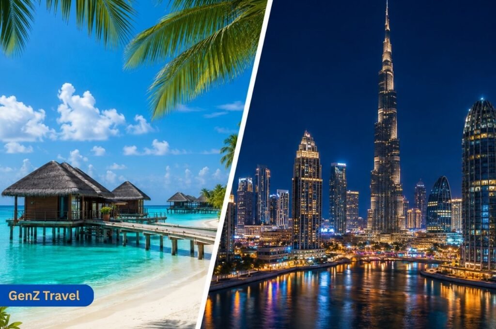 Split view of Dubai skyline and Maldives overwater villas for a twin-centre holiday