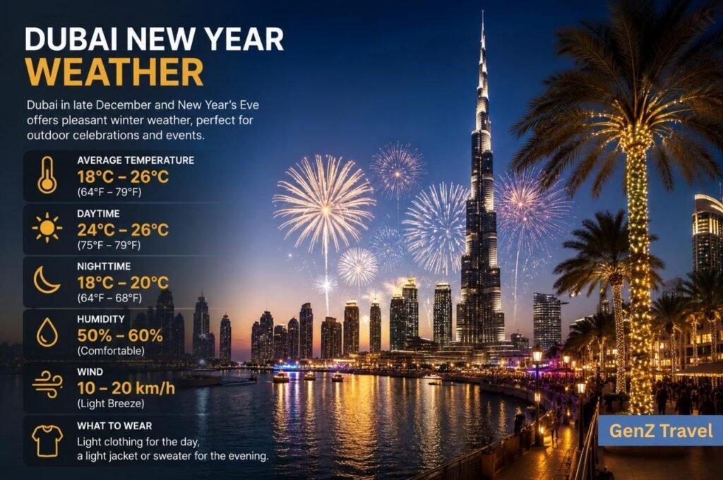 Dubai New Year weather infographic showing temperatures, humidity and what to wear