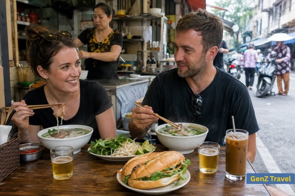 Couple enjoying pho, banh mi and Vietnamese coffee at a Hanoi street-food café