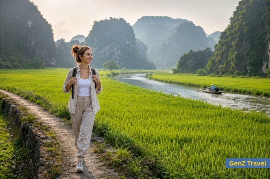 Female traveller exploring Ninh Binh’s rice fields during a Vietnam holiday
