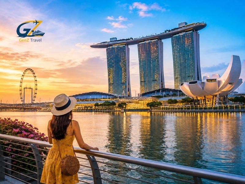 Woman enjoying holidays to Singapore with Marina Bay Sands and the waterfront at sunset.
