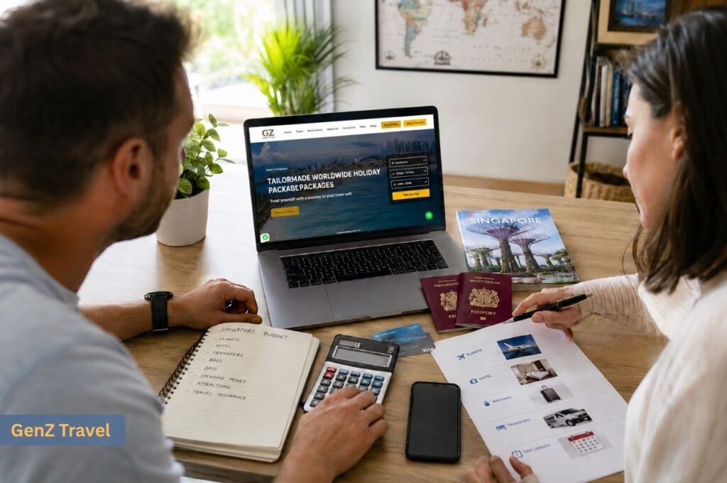 Couple planning holidays to Singapore on the GenZ Travel website with passports, a calculator and travel documents.