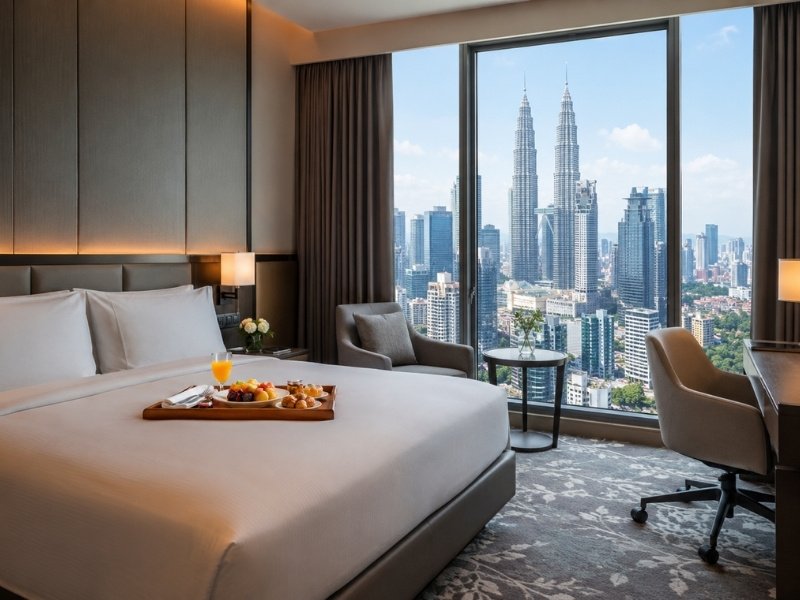 Modern hotel room in Kuala Lumpur with panoramic views of Petronas Twin Towers skyline