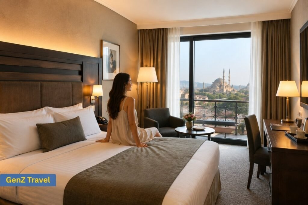 Female traveller relaxing in a hotel room with an Istanbul city view