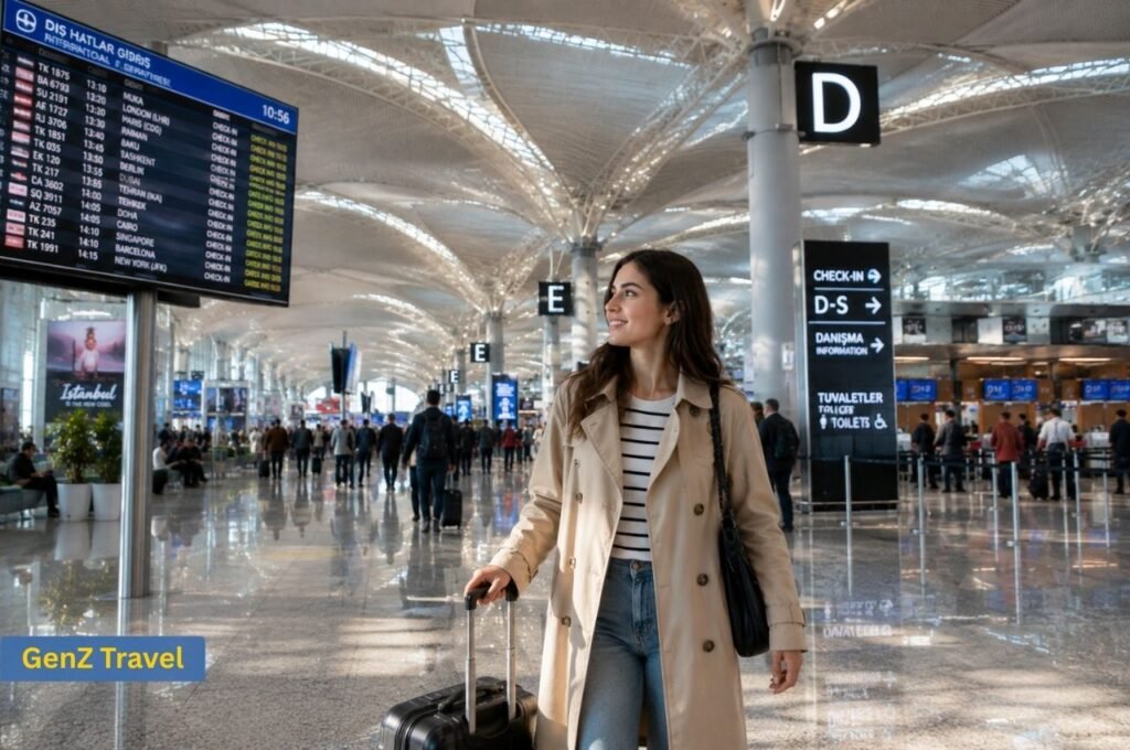 Female traveller with luggage inside Istanbul Airport departure terminal