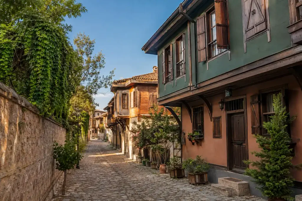 Cobblestone street lined with traditional Ottoman houses in Antalya’s Kaleiçi Old Town.
