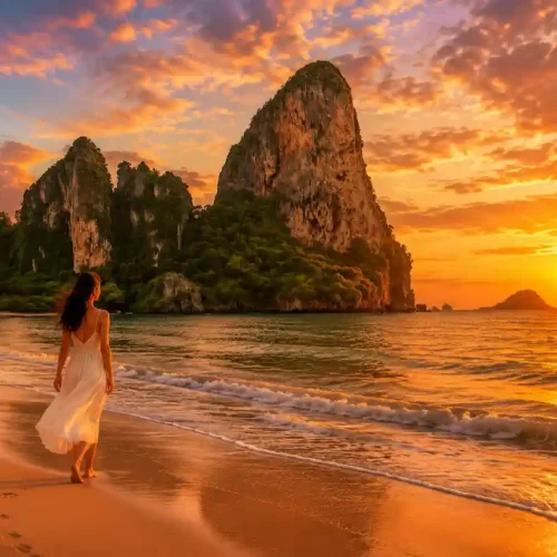 Woman walking on Krabi beach at sunset with golden ocean views and limestone cliffs in Thailand