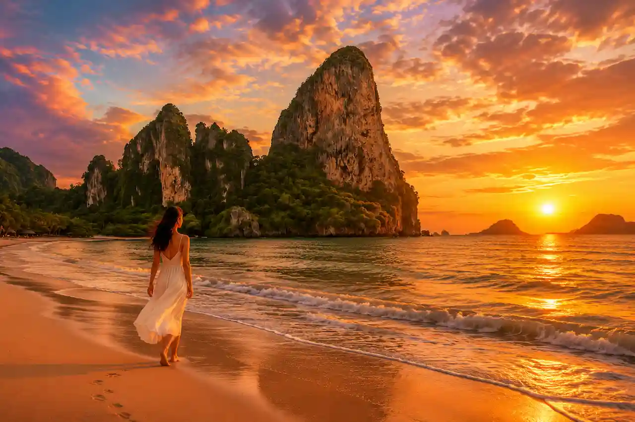 Woman walking on Krabi beach at sunset with golden ocean views and limestone cliffs in Thailand