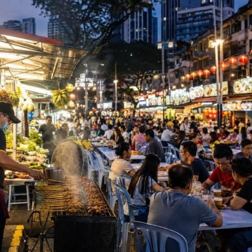 Kuala Lumpur night market with local street food stalls and visitors enjoying Malaysian cuisine