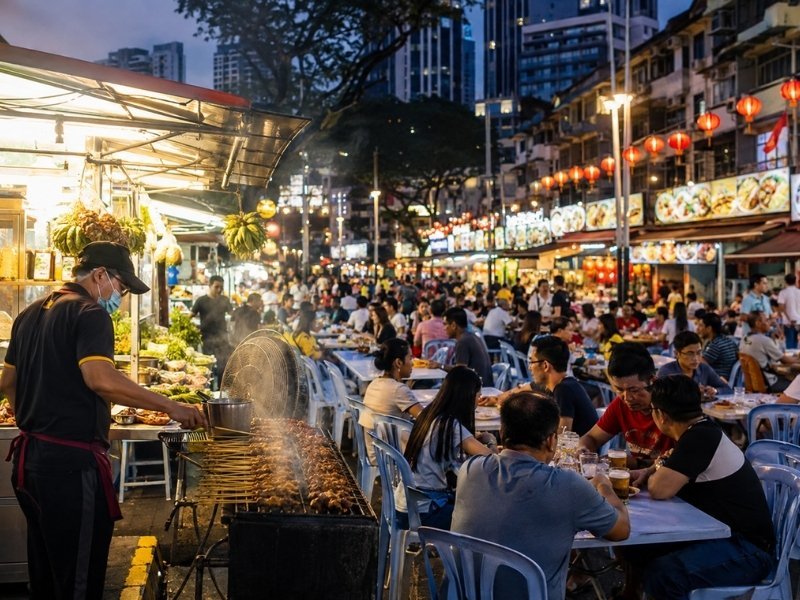 Kuala Lumpur night market with local street food stalls and visitors enjoying Malaysian cuisine